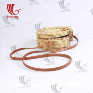 Round Rattan Handbag With Leather