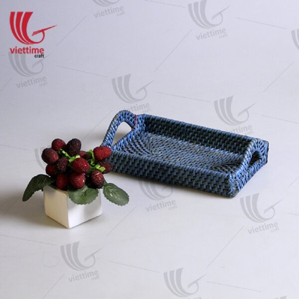 Blue Rattan Tray With Handle