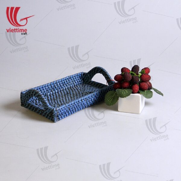 Blue Rattan Tray With Handle