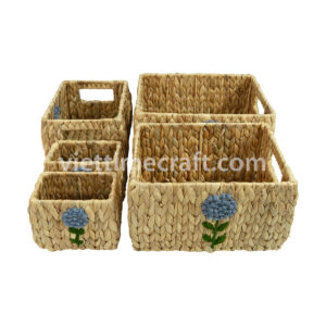 Rectangle Hyacinth Basket With Flower Woven Detail I Viettimecraft