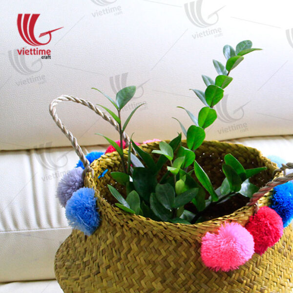 Full White Seagrass Belly Basket With Pompom