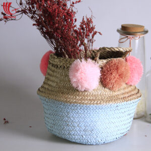 Dipped Blue Seagrass Belly Basket With Pompom