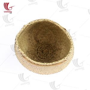 Beige Seagrass Belly Basket With Leather Handle