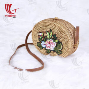 Flower Embroidered Oval Rattan Bag