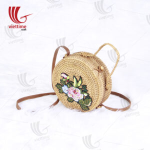 Flower Embroidered Round Rattan Bag