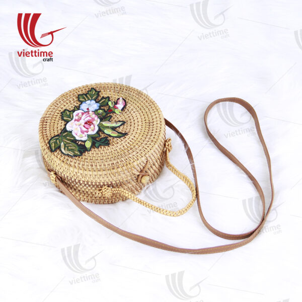 Flower Embroidered Round Rattan Bag