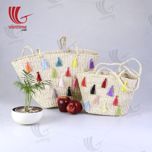 Palm Leaf Handbag With Colorful Tassel