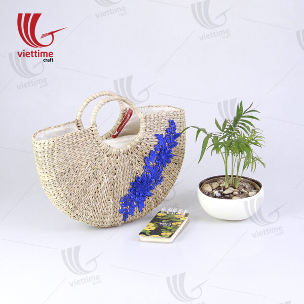 Flower Embroidered Seagrass Handbag
