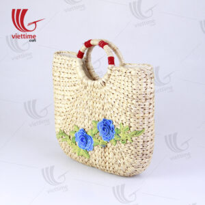 Flower Embroidered Water Hyacinth Basket Bag