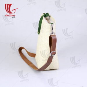 White Palm Leaf Bag With Leather Strap