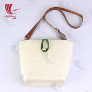 White Palm Leaf Bag With Leather Strap