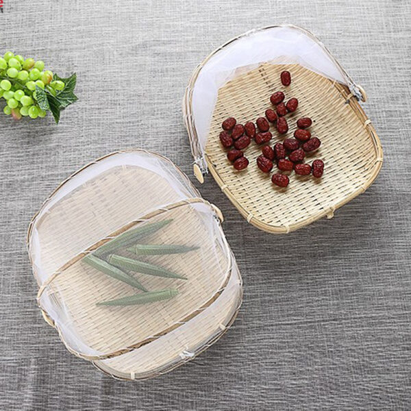 Rectangle Bamboo Fruit Basket With Net Cover