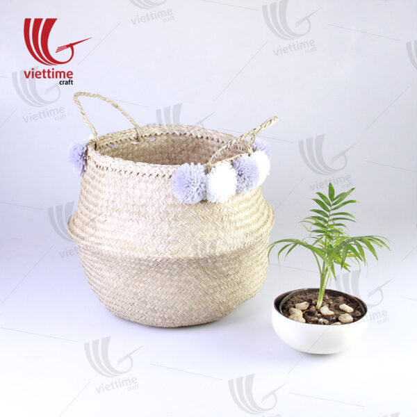 Natural Belly Seagrass Basket With 10 Pompom