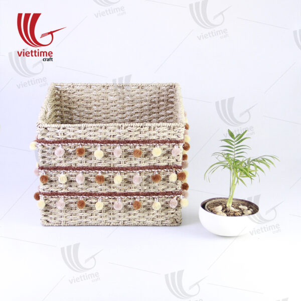 Square Seagrass Basket With Small Pompom