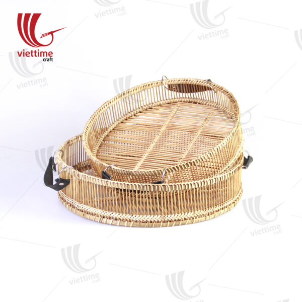 Round Weaving Bamboo Tray With Leather Set