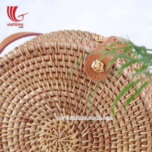 Round Woven Rattan Bag With Leather Button