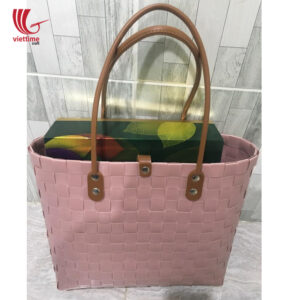 Handwoven Plastic Basket Bag With Leather Handle