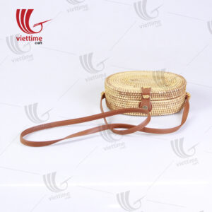Oval Wicker Rattan Shoulder Bag With Leather Strap