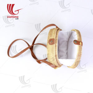Oval Wicker Rattan Shoulder Bag With Leather Strap