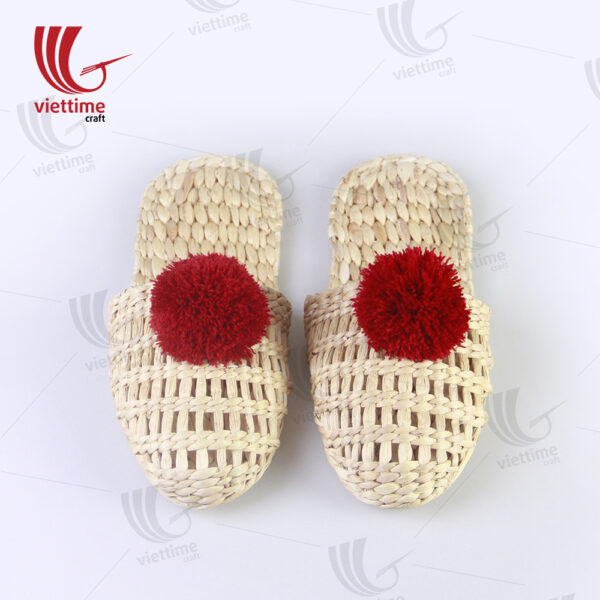 Woven Slippers Water Hyacinth With Red Pompom