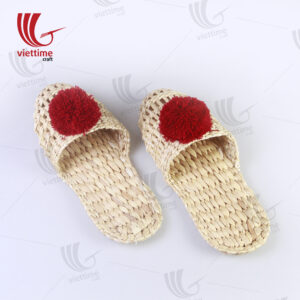 Woven Slippers Water Hyacinth With Red Pompom