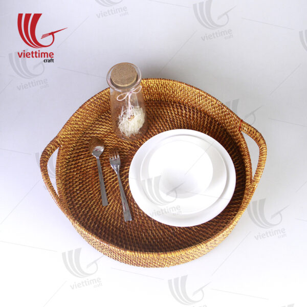 Big Size Brown Round Rattan Tray With Handle