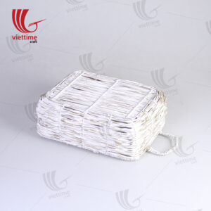 White Woven Bamboo Storage Bin With Handle