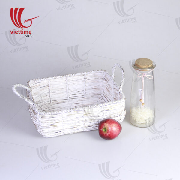 White Woven Bamboo Storage Bin With Handle