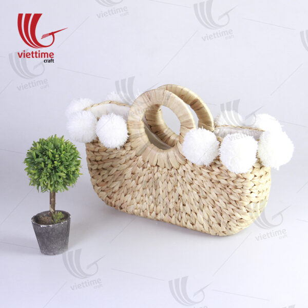 Water Hyacinth Tote Bag With 8 Pompoms