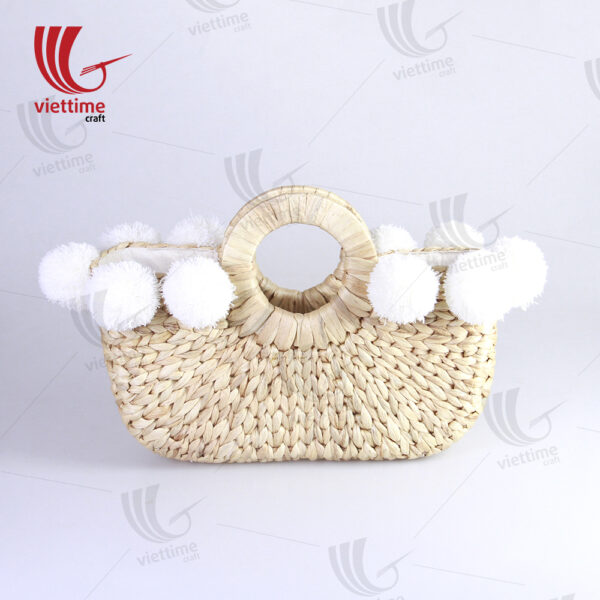 Water Hyacinth Tote Bag With 8 Pompoms