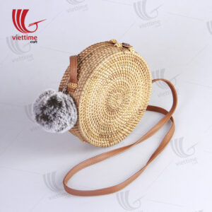 Rattan Shoulder Bags With Soft Pompom