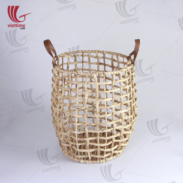 Water Hyacinth Laundry Basket With Leather Handle