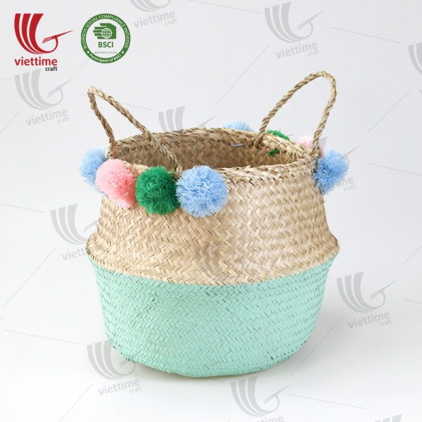 Green Seagrass Belly Basket With Pompom