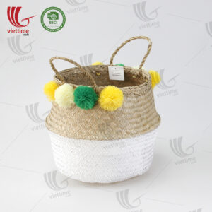 White Seagrass Belly Basket With Pompom