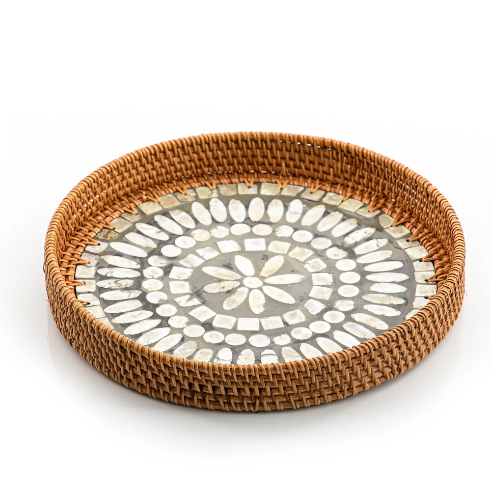 Round Mother of pearl rattan tray sku M00154 from Viettime Craft