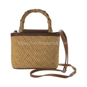 Straw handbag mix leather and bamboo Viettimecraft Factory