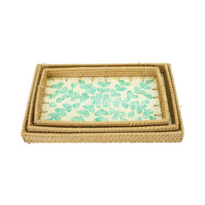 set of 3 rectangle rattan tray with Mother of pearl inlay