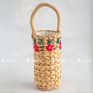 Water Hyacinth Wine Basket, Cup new collection for Upcoming Spring season: Basket, Bottle Basket Embroidered with Flowers