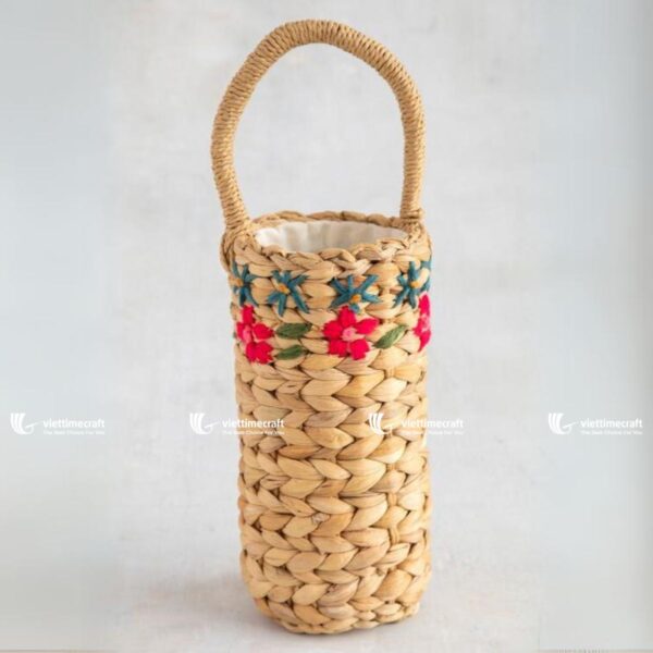 Water Hyacinth Wine Basket, Cup new collection for Upcoming Spring season: Basket, Bottle Basket Embroidered with Flowers