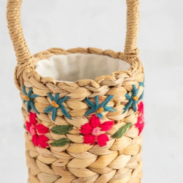 Water Hyacinth Wine Basket, Cup new collection for Upcoming Spring season: Basket, Bottle Basket Embroidered with Flowers