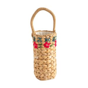 Water Hyacinth Wine Basket, Cup new collection for Upcoming Spring season: Basket, Bottle Basket Embroidered with Flowers