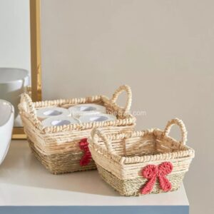 set of 2 cute seagrass storage basket with ribbon