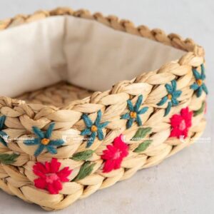 water hyacinth storage basket embroidered with flowers