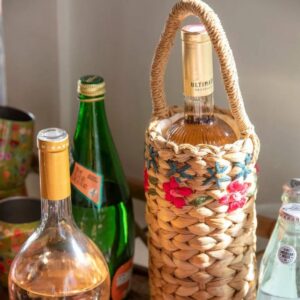 Water Hyacinth Wine Basket, Cup new collection for Upcoming Spring season: Basket, Bottle Basket Embroidered with Flowers