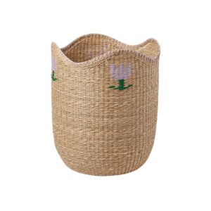 Scalloped Embroidered Woven Seagrass Basket