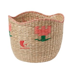 Scalloped Embroidered Woven Seagrass Basket