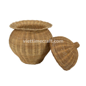 rattan vase with lid, eco-friendly home decor, dried flower vase, boho rattan container, handmade rattan vase, natural rattan decor, Vietnamese handicraft vase, rustic woven vase, sustainable flower vase, decorative vase with lid