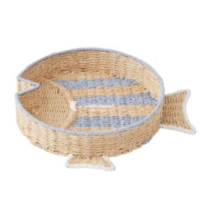 fish woven tray, recycled paper rope tray, coastal home decor, boho serving tray, wall decor tray, handmade tray Vietnam, blue natural woven tray, eco-conscious tray, fish-shaped organizer, beach house accessory