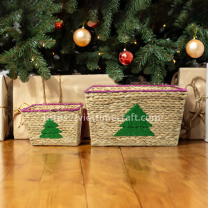set of 2 water hyacinth basket with christmas tree embroidery