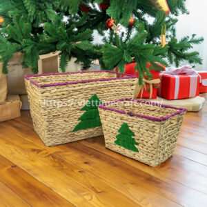 set of 2 water hyacinth basket with christmas tree embroidery